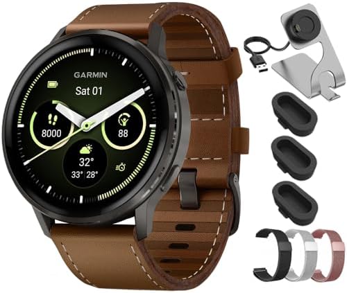 Garmin Venu 4 45mm Health and Fitness GPS Smartwatch, AMOLED, Slate with Black Band and Brown Leather Band, 010-03014-03 - Bundle w/Deco Essentials 22mm Milanese Bands, Dock and Dust Cover