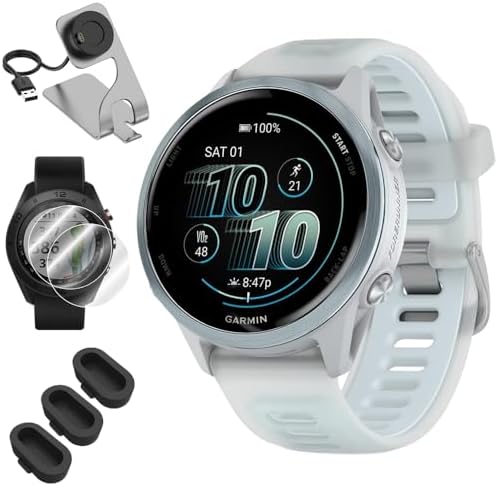 Garmin 010-02970-01 Forerunner 570 42mm GPS Smartwatch, Aluminum and Whitestone/Blue Band Bundle with Deco Essentials Charging Dock, 3X Silicone Dust Cover and 2X 1.2 Inch Screen Protector