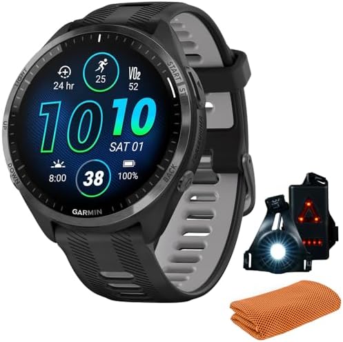 Garmin 010-02809-00 Forerunner 965 Running Smartwatch, Black and Powder Gray Bundle with Workout Cooling Sport Towel + Deco Essentials Wearable Commuter Front & Rear Safety Light