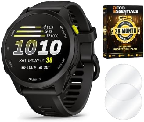 Garmin Forerunner 70, 1.2" AMOLED GPS Running Watch, Training Readiness, 13-Day Battery, Black, 010-04307-00 w/Deco Essentials 26-Month CPS Protection & 2-Pack Screen Protector