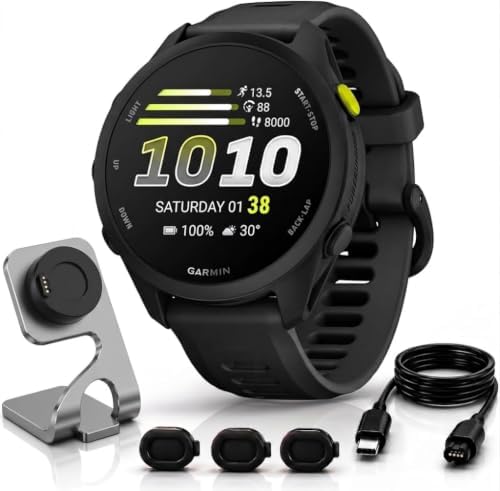 Garmin Forerunner 70, 1.2" AMOLED GPS Running Watch, Training Readiness, 13-Day Battery, Black, 010-04307-00 w/Deco Essentials Charging Dock, 3-Pack Dust Cover & USB-C Cable