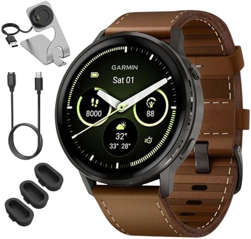 Garmin Venu 4 45mm Health and Fitness GPS Smartwatch, AMOLED, Slate with Black Band and Brown Leather Band, 010-03014-03 - Bundle w/Deco Essentials Charging Dock, Dust Cover and USB-C Cable