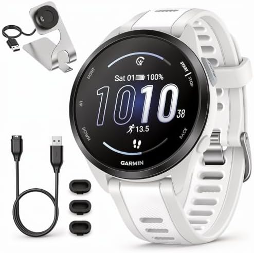 Garmin 010-02863-21 Forerunner 165 Smart Sport Watch, Mist Gray + Whitestone Bundle with Deco Essentials Charging Dock, 3X Silicone Dust Cover and USB Type C Charging and Sync Cable