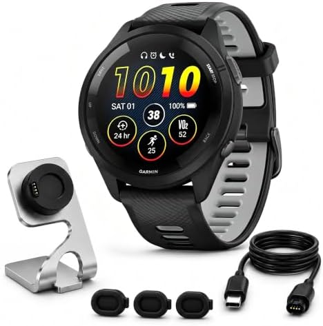 Garmin Forerunner 265 Running GPS Smartwatch, AMOLED Display, 46mm, Black/Powder Gray, 010-02810-00 - Bundle w/Deco Essentials Charging Dock, Dust Cover and USB-C Cable