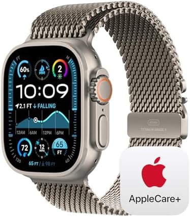 Apple Watch Ultra 2 [GPS + Cellular 49mm] Smartwatch, Sport Watch with Natural Titanium Case with Natural Titanium Milanese Loop - Large. Fitness Tracker, Carbon Neutral with AppleCare+ (2 Years)