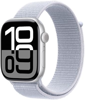 Apple Watch Series 10 [GPS 46mm case] Smartwatch with Silver Aluminum Case with Blue Cloud Sport Loop. Fitness Tracker, ECG App, Always-On Retina Display, Carbon Neutral