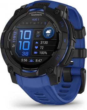 Garmin Instinct 3 – 45 mm, AMOLED Display, Rugged Outdoor GPS Smartwatch, Built-in Flashlight, Supernova Collection Limited Edition Color, Black with Bolt Blue/Black Silicone Band