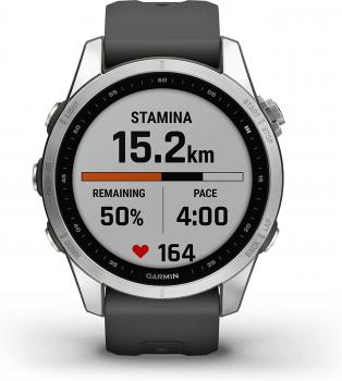 Garmin Fenix 7S, Smaller Sized Adventure smartwatch, Rugged Outdoor Watch with GPS, Touchscreen, Health and Wellness Features, Silver with Graphite Band