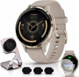 Garmin Venu 3S Soft Gold Stainless Steel Bezel AMOLED Smartwatch, 41mm Ivory Case, 010-02785-04 - Bundle w/Deco Essentials Charging Dock, Dust Cover and Screen Protector