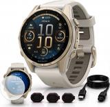 Garmin Fenix 8 43mm AMOLED Sapphire Multisport GPS Smartwatch, Soft Gold with Fog Gray Sandstone Silicone Band, 010-02903-10 - Bundle w/Deco Essentials Screen Protector, Dust Cover and USB-C Cable
